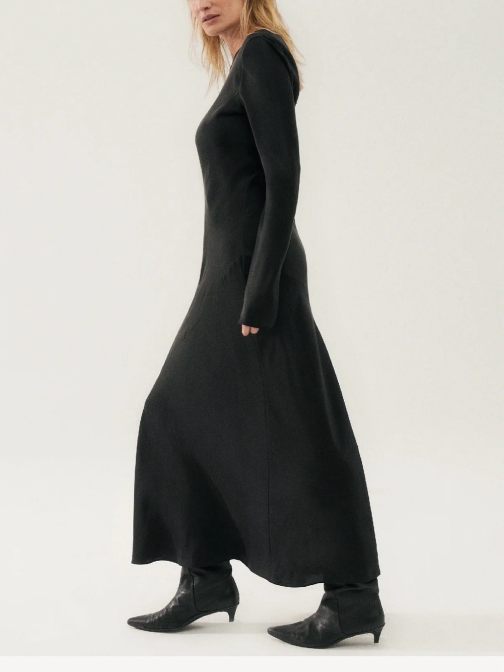 SILK LAUNDRY - 100% Silk Sleek Black Long-Sleeve Maxi Dress